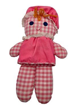 Fisher Price 1975 Pink White Gingham 12” Plush Lolly Doll Dolly Rattle Baby Read